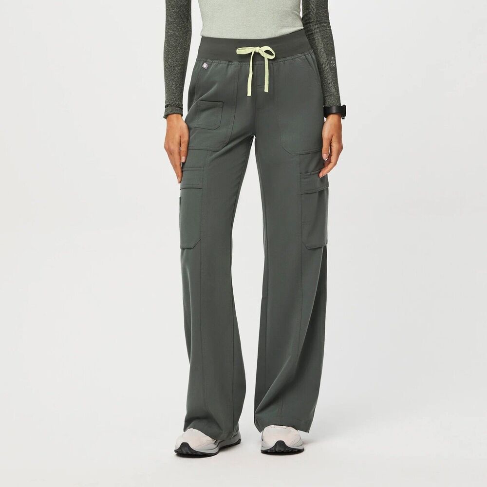FIGS Yendi Cargo Scrub Pants High Rise Wide Leg Bonsai Green Medical Size S